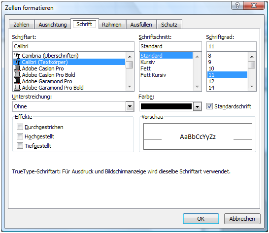 Zelle formatieren mit Schrift, Schriftgröße und Schriftfarbe