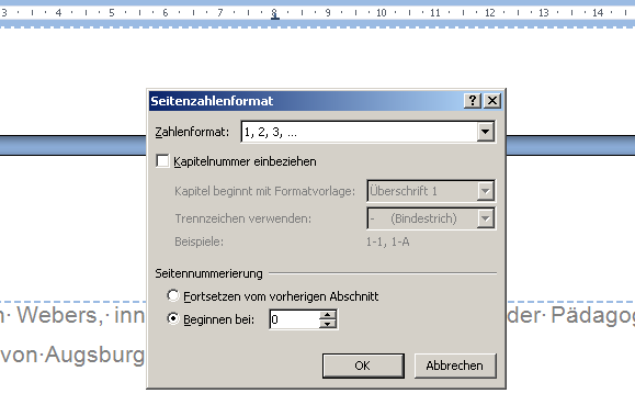 Ansicht des Fensters – Seitenzahlenformat