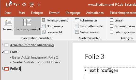 nächste leere Folie über Gliederungsansicht erstellen