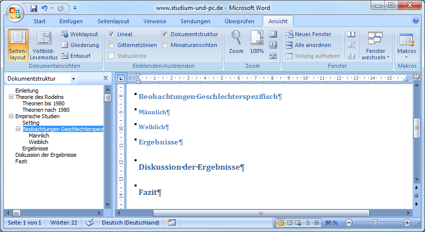 Ansicht Dokumentstruktur anzeigen in Word 2007