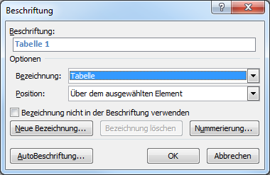 Word schlägt die passende Kategorie vor – hier Tabelle