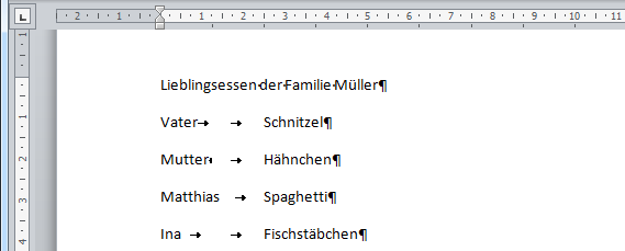 Text tabellarische dargestellt mit Tabs