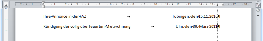 Beispiel für rechtsbündige Tabstopps