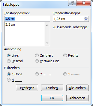 Tabstopps exakt ausrichten über Angabe von cm